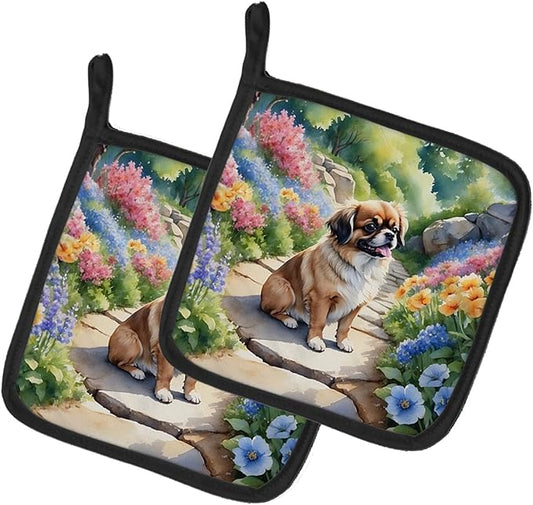 Caroline's Treasures Tibetan Spaniel Spring Path Pair of Pot Holders Kitchen Heat Resistant Pot Holders Sets Oven Hot Pads for Cooking Baking BBQ, 7 1/2 x 7 1/2