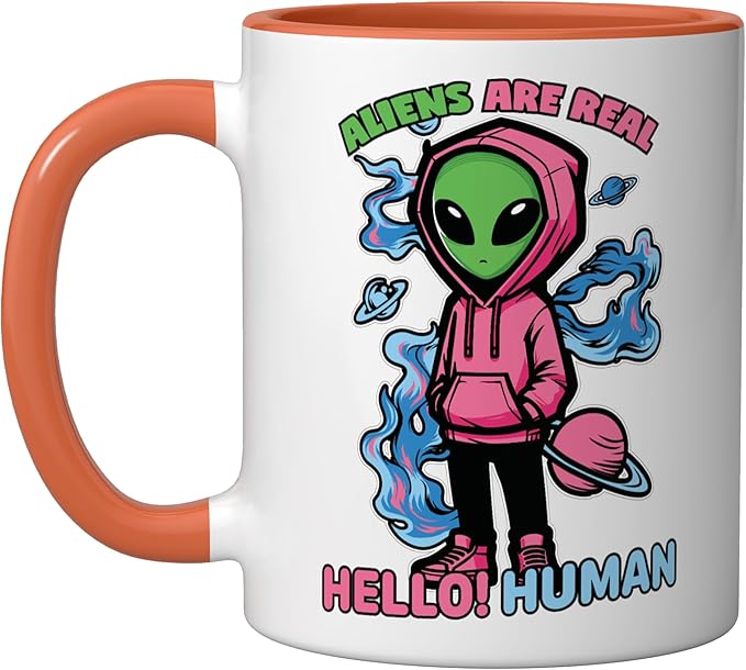 Aliens Are Real UFO Flying Saucer Grey Alien Sci-Fi Art Ceramic Mug, Orange/White