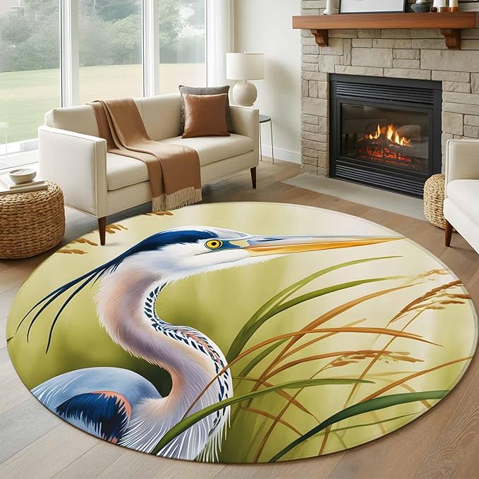 Washable Round Area Rug Natural Bird Wetland Landscape Circle Rugs Floor Carpet for Living Room Bedroom, Wild Heron Grass Soft Non Slip Round Rug 5ft