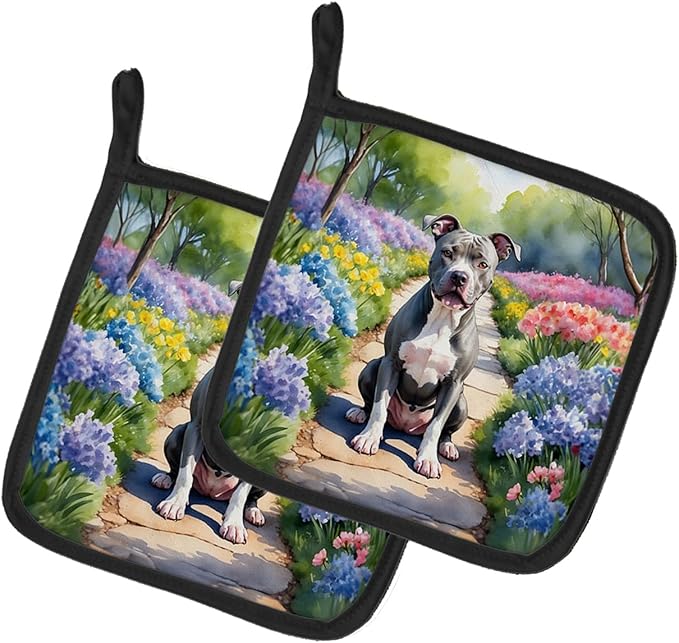 Caroline's Treasures Pit Bull Terrier Spring Path Pair of Pot Holders Kitchen Heat Resistant Pot Holders Sets Oven Hot Pads for Cooking Baking BBQ, 7 1/2 x 7 1/2