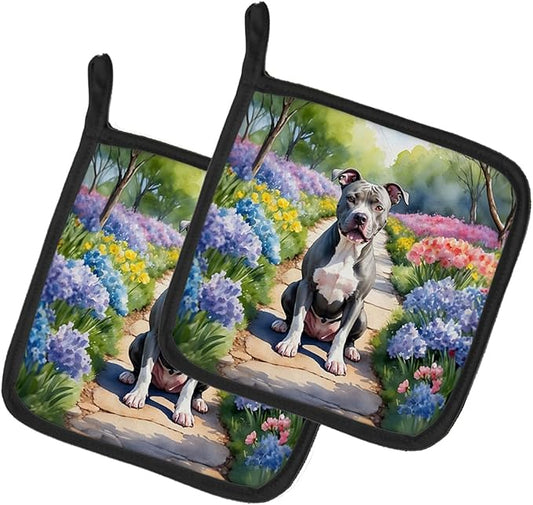 Caroline's Treasures Pit Bull Terrier Spring Path Pair of Pot Holders Kitchen Heat Resistant Pot Holders Sets Oven Hot Pads for Cooking Baking BBQ, 7 1/2 x 7 1/2