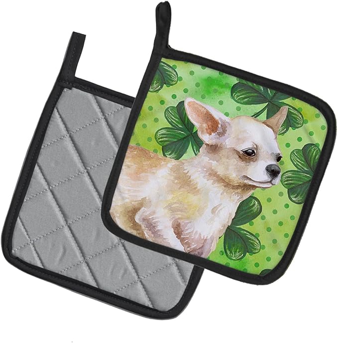 Caroline's Treasures BB9871PTHD Chihuahua Leg up St Patrick's Pair of Pot Holders, Green Kitchen Heat Resistant Pot Holders Sets Oven Hot Pads for Cooking Baking BBQ, 7 1/2 x 7 1/2