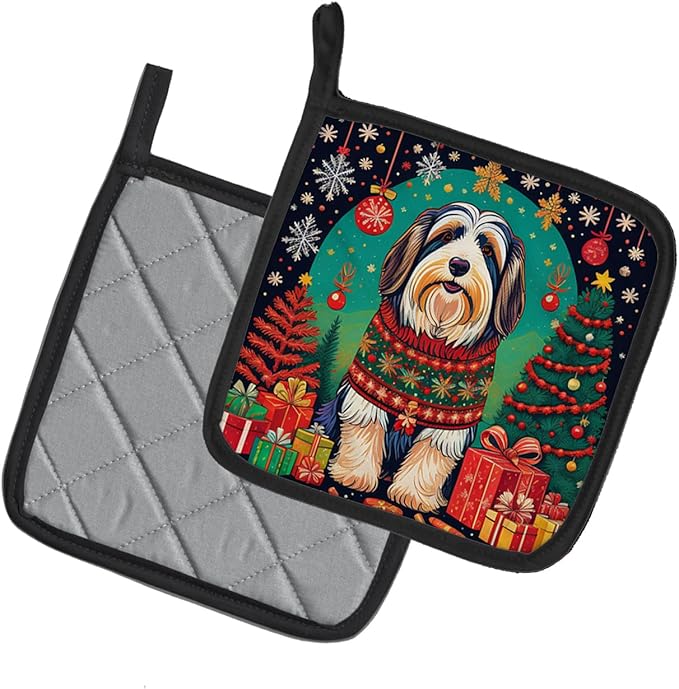 Caroline's Treasures Bearded Collie Christmas Pair of Pot Holders Kitchen Heat Resistant Pot Holders Sets Oven Hot Pads for Cooking Baking BBQ, 7 1/2 x 7 1/2
