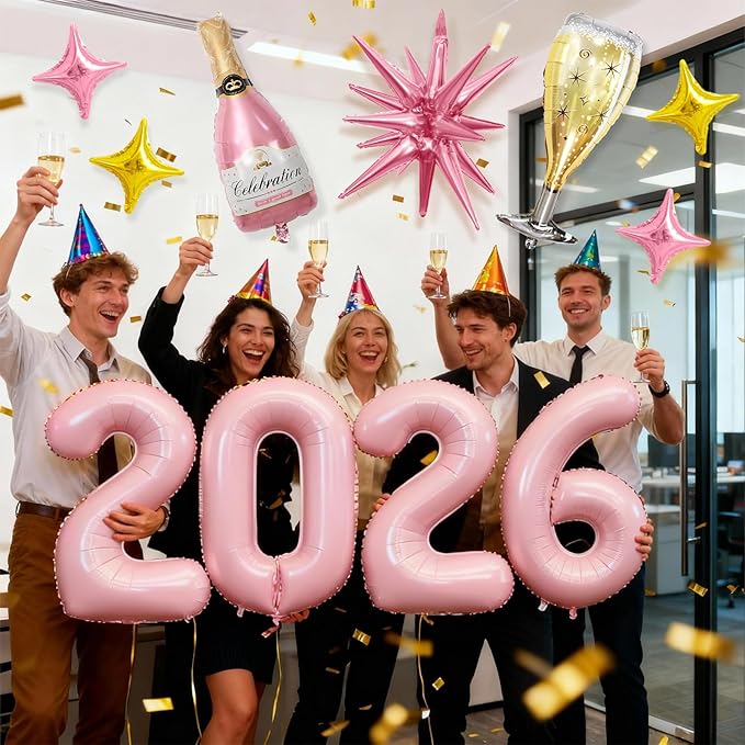Pink 2026 Balloons, 40 Inch Number 2026 Pink Foil Balloons, Pink and Gold Star Balloon, Champagne Bottle Glass Balloon for Happy New Years Eve Party Supplies 2026 Class of 2026 Graduation Decorations