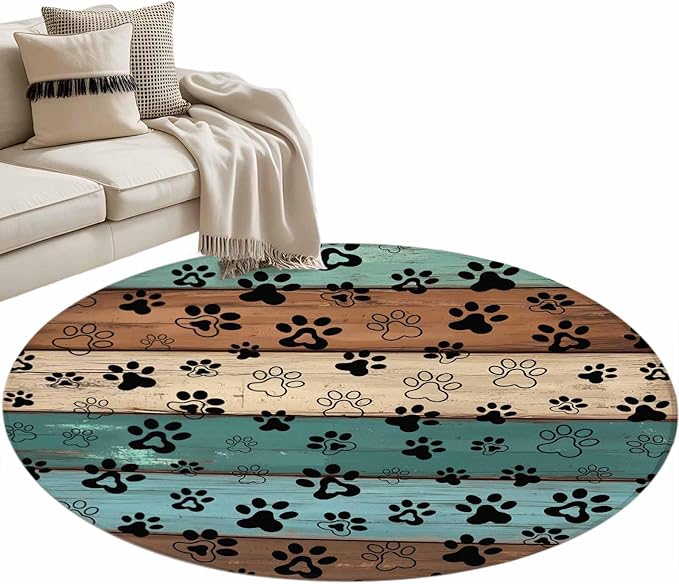 Washable Round Area Rug Farm Brown Wood Board Circle Rugs Floor Carpet for Living Room Bedroom, Dog Paw Print Animal Footprint Soft Non Slip Round Rug 3ft