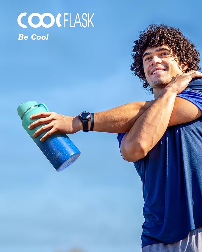 Coolflask Water Bottle 32 oz Insulated with Straw, Stainless Steel Metal 3 Lids Water Flask Wide Mouth for Sports or Office, Non-BPA Keep Cold Up to 48 Hrs or Hot Up to 24 Hrs, Glacier Blue
