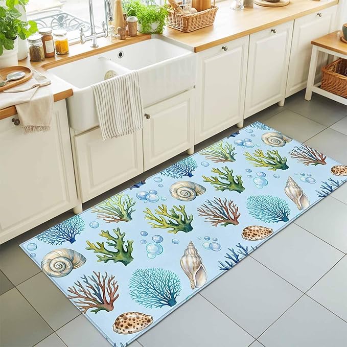 Runner Rug for Bedroom Hallway, Coastal Shell Coral Bubble Kitchen Runner Rugs Area Rug 2x6ft, Nautical Ocean Blue Underwater Scene Washable Soft Floor Carpet for Entryway Stair