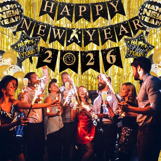 Happy New Year Decorations 2026, New Years Nye Eve Party Supplies Banner, Balloons, Fringe Curtain, Swirls for Party Photography Backdrops, Black Gold