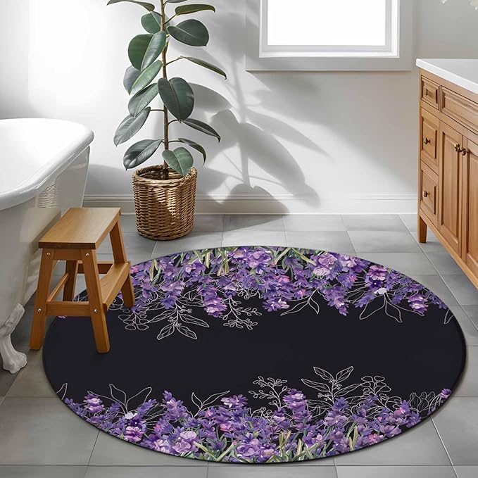 Washable Round Area Rug Spring Purple Lavender Flower Circle Rugs Floor Carpet for Living Room Bedroom, Watercolor Floral on Black Soft Non Slip Round Rug 3ft