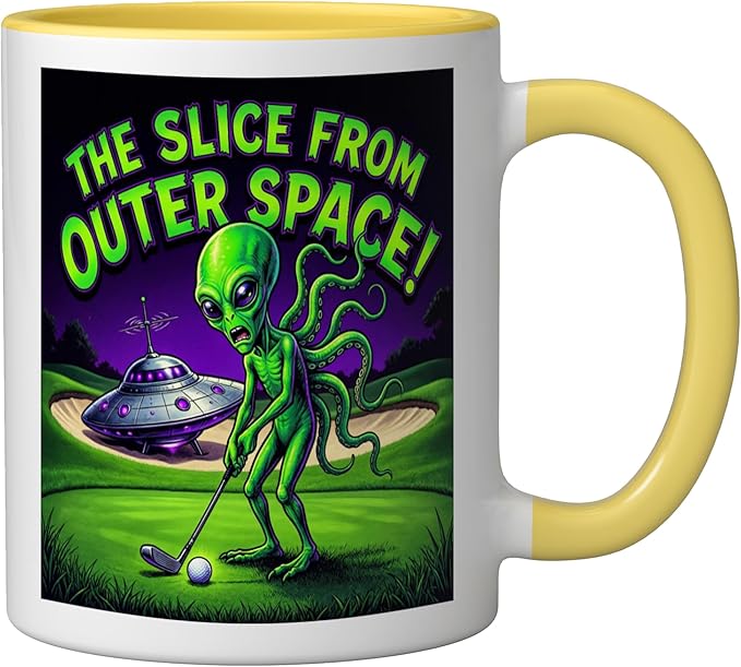Funny Golfing Alien The Slice From Outer Space Retro UFO Ceramic Mug, Yellow/White