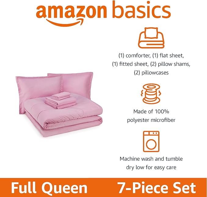Amazon Basics 7-Piece Soft Microfiber Kid's Bed-in-a-Bag Bedding Set, Full/Queen, Pink, Solid
