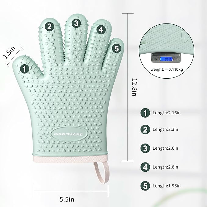 MAD SHARK Silicone Oven Mitts Heat Resistant 450°F,Waterproof & Non-Slip Oven Gloves with Fingers,Cotton Lined Silicone Oven Gloves Kitchen Mitts for Baking Cooking Barbecue,Women (Green)