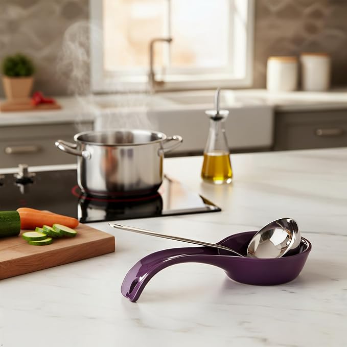 Reston Lloyd Kitchen Counter Utensil Spoon Rest, Ladles, Spaghetti Forks, & Spatulas, Durable BPA-Free Plastic – Dishwasher Safe, Décor, Space Saving Hanging Hole on Handle, Plum