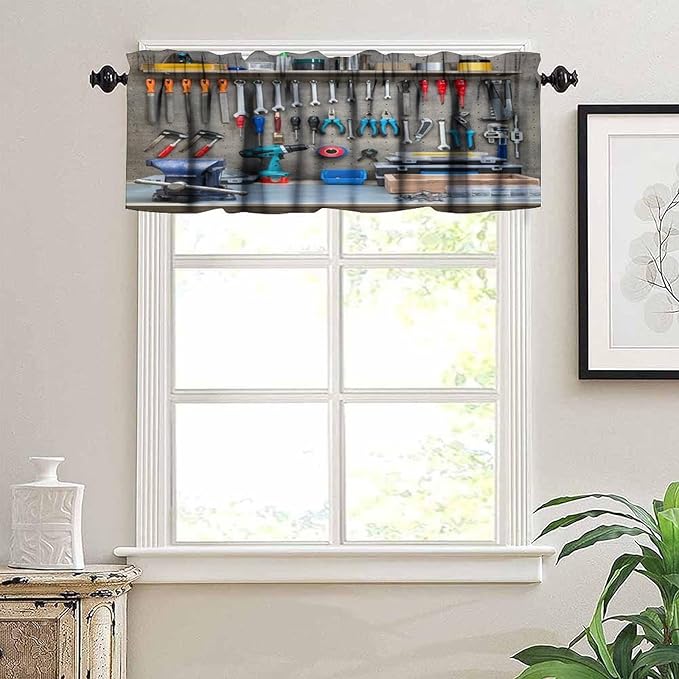 Workshop Tools Backdrop Valance Curtain Garage Mechanic Backdrop Rod Pocket Valance Window Treatments Short Curtains for Kitchen Bathroom Farmhouse Living Room Decor 54x18inch