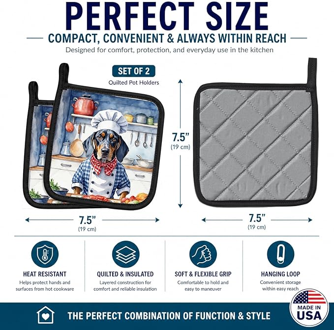Caroline's Treasures Bluetick Coonhound The Chef Pair of Pot Holders Kitchen Heat Resistant Pot Holders Sets Oven Hot Pads for Cooking Baking BBQ, 7 1/2 x 7 1/2