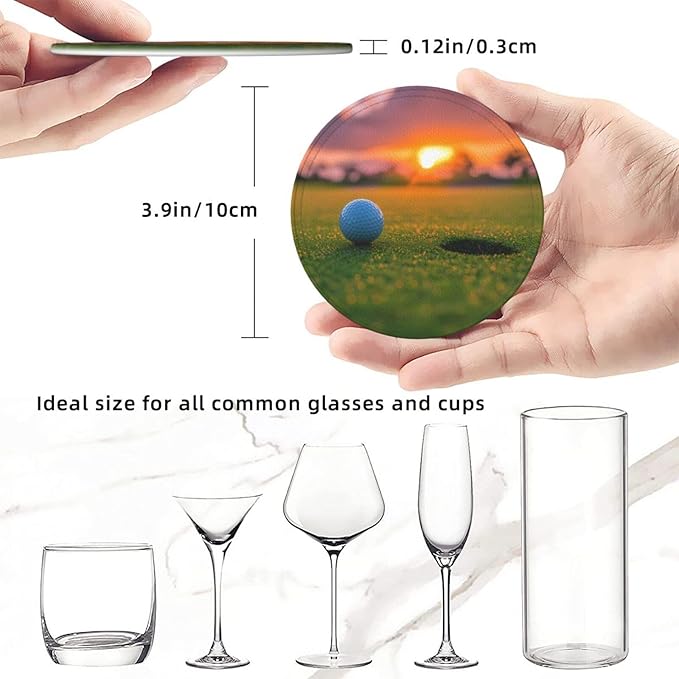 Golfing Golf Leather Drinks Coasters with Holder, Set of 6, Suitable for Various Cups