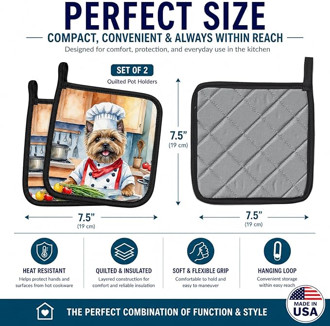Caroline's Treasures Cairn Terrier The Chef Pair of Pot Holders Kitchen Heat Resistant Pot Holders Sets Oven Hot Pads for Cooking Baking BBQ, 7 1/2 x 7 1/2