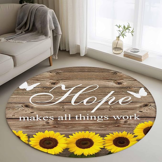 Washable Round Area Rug Farm Sunflower Positive Energy Quote Circle Rugs Floor Carpet for Living Room Bedroom, Retro Dark Brown Wood Grain Soft Non Slip Round Rug 3ft