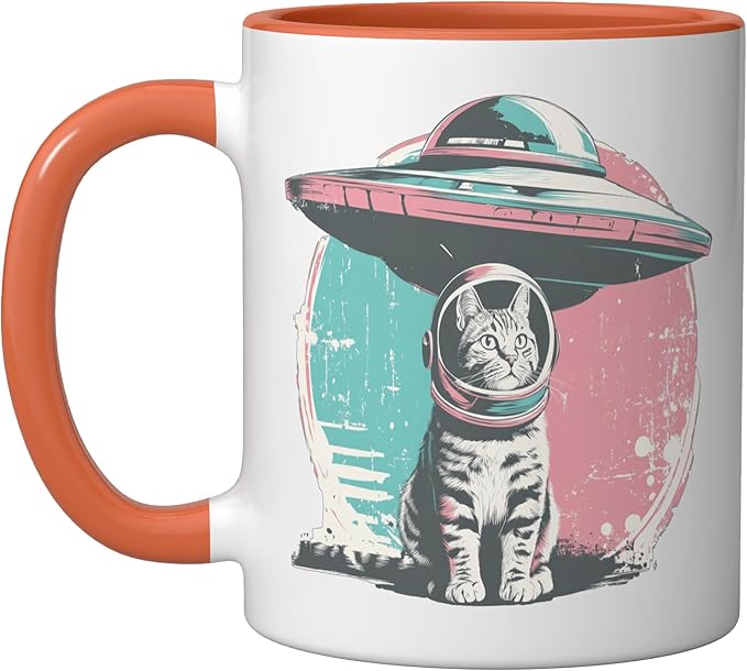 Retro UFO Cat Astronaut Alien Sci Fi Space Funny Pastel Ceramic Mug, Orange/White