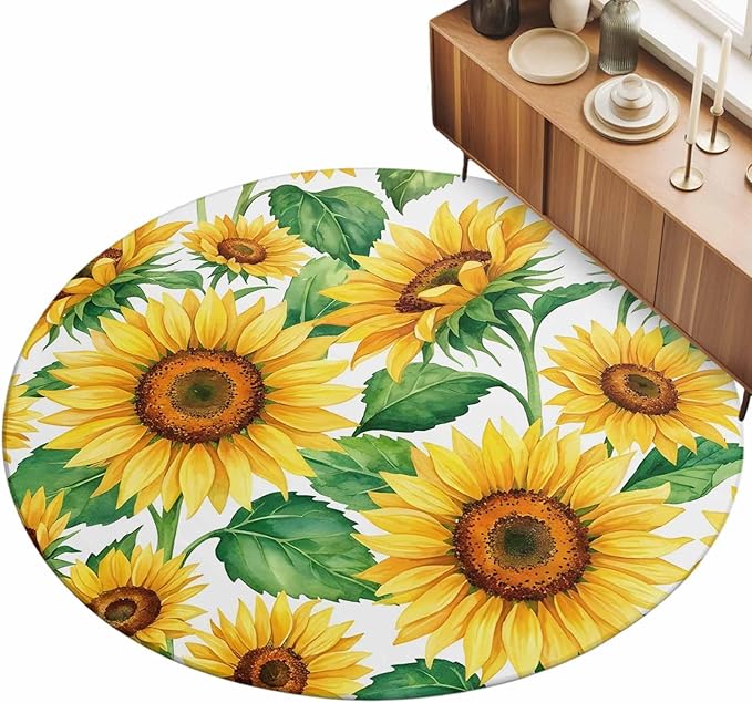 Washable Round Area Rug Summer Garden Sunflower Leaves Circle Rugs Floor Carpet for Living Room Bedroom, Farm Blossom Floral Soft Non Slip Round Rug 5ft