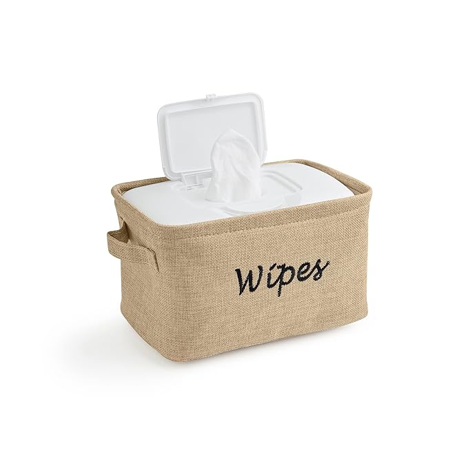 Dejaroo - Baskets for Organizing Wipes and Newborn Essentials, Diaper and Wipes Organizer, Embroidered Baby Shower Gifts for Moms, Linen Basket with Handle, 9 x 6 x 5.5 Inches, Natural