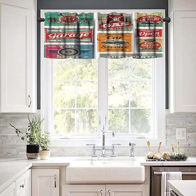 Retro 1950s Valance Curtain Vintage Car Service and Gas Station Metal Signs Windows Short Curtains Valances for Kitchen Living Room Bathroom Bedroom Decor with Rod Pocket, One Panel 54X18 Inches