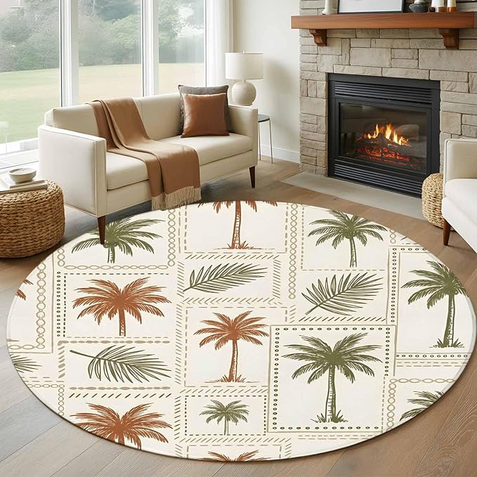 Washable Round Area Rug Vintage Coconut Tree Palm Leaves Circle Rugs Floor Carpet for Living Room Bedroom, Farm Tropical Plant on Beige Soft Non Slip Round Rug 5ft