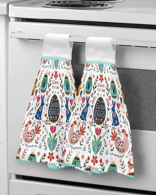 Alandar Home Kitchen Tie Towel Set of 2, Bohemian Ethnic Easter Eggs Blossom Flowers Bunny Absorbent Soft Hand Towels for Bathroom Hanging Towels, Tribe Boho Fast Drying Cleaning Cloth with Loop