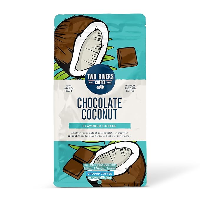 Two Rivers Coffee Chocolate Coconut Flavored Ground Coffee, Perfectly Balanced, Always Smooth, Made with 100% Arabica Beans - Flavor Enhanced, 10 Ounce Bag