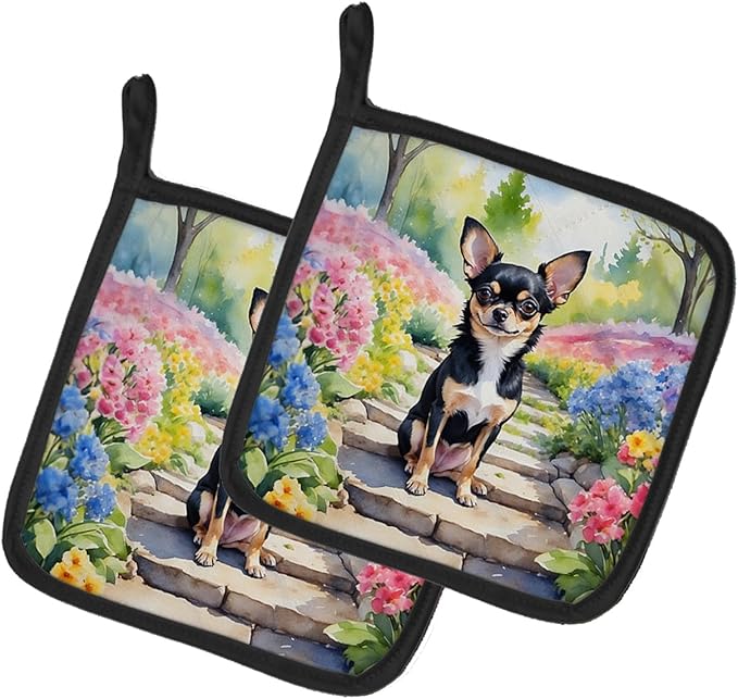 Caroline's Treasures Chihuahua Spring Path Pair of Pot Holders Kitchen Heat Resistant Pot Holders Sets Oven Hot Pads for Cooking Baking BBQ, 7 1/2 x 7 1/2