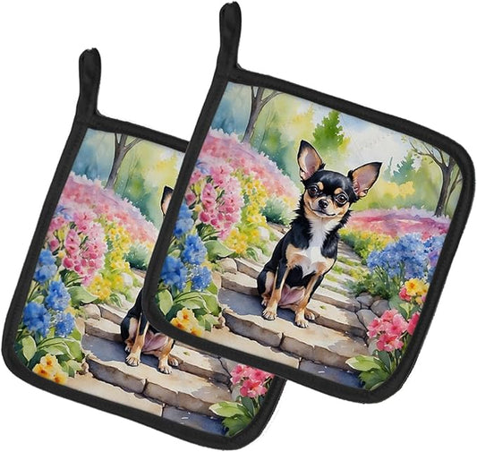 Caroline's Treasures Chihuahua Spring Path Pair of Pot Holders Kitchen Heat Resistant Pot Holders Sets Oven Hot Pads for Cooking Baking BBQ, 7 1/2 x 7 1/2