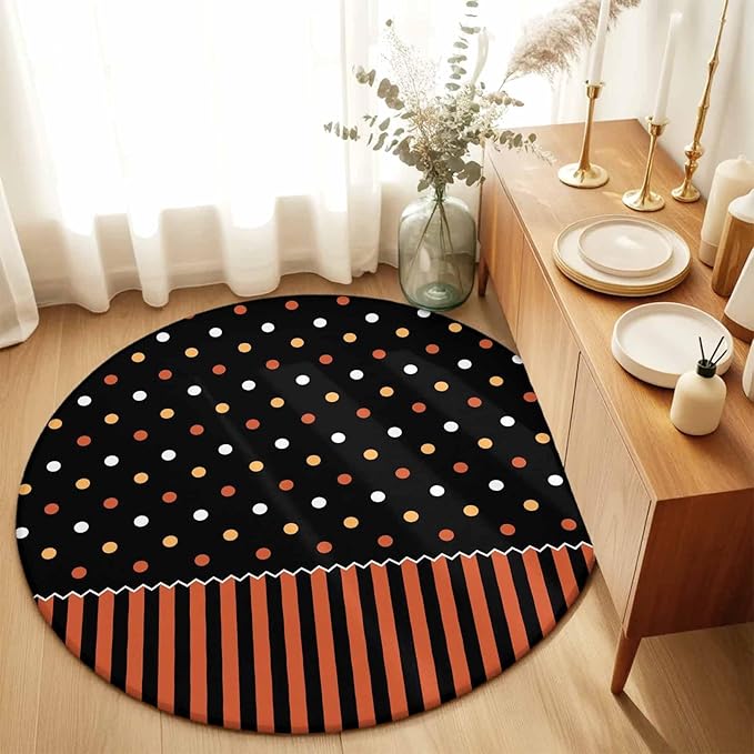 Washable Round Area Rug Halloween Polka Dots Orange Stripes Circle Rugs Floor Carpet for Living Room Bedroom, Seamless Dot on Black Soft Non Slip Round Rug 5ft
