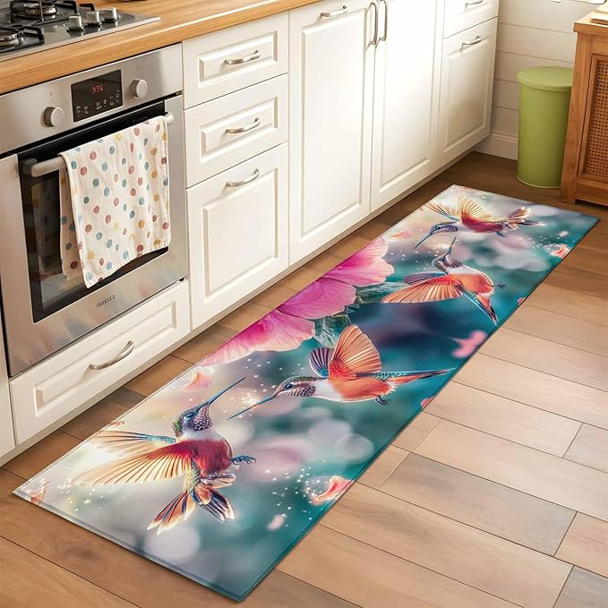 Runner Rug for Bedroom Hallway, Spring Hummingbird Pink Petals Flowers Kitchen Runner Rugs Area Rug 2x6ft, Dreamlike Animal Focus Scenery Washable Soft Floor Carpet for Entryway Stair
