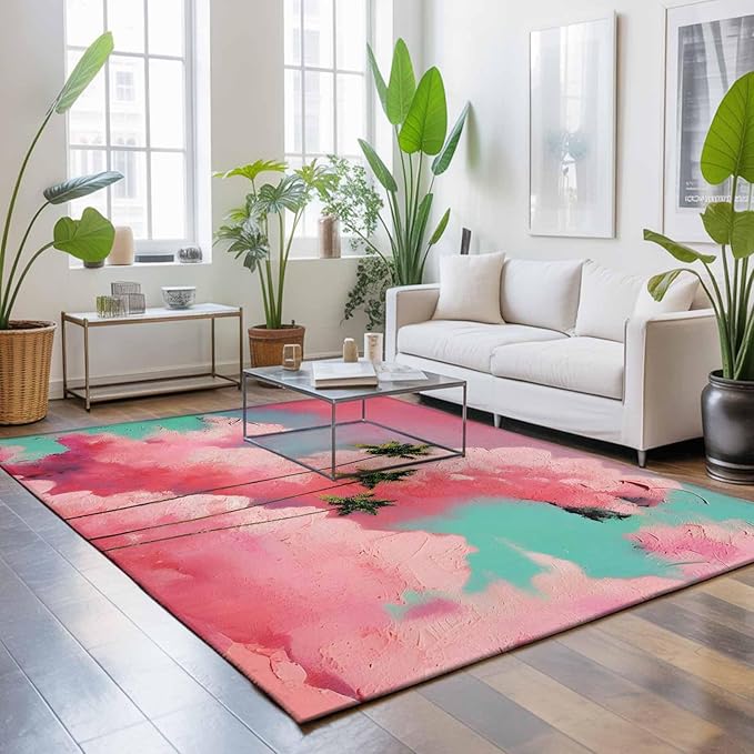 Area Rug 4x6ft, Summer Dreamy Pink Cloud Washable Rugs for Living Room Bedroom, Watercolor Tropical Palm Tree Soft Non-Slip Area Rugs Rectangle Floor Carpet for Dining Room