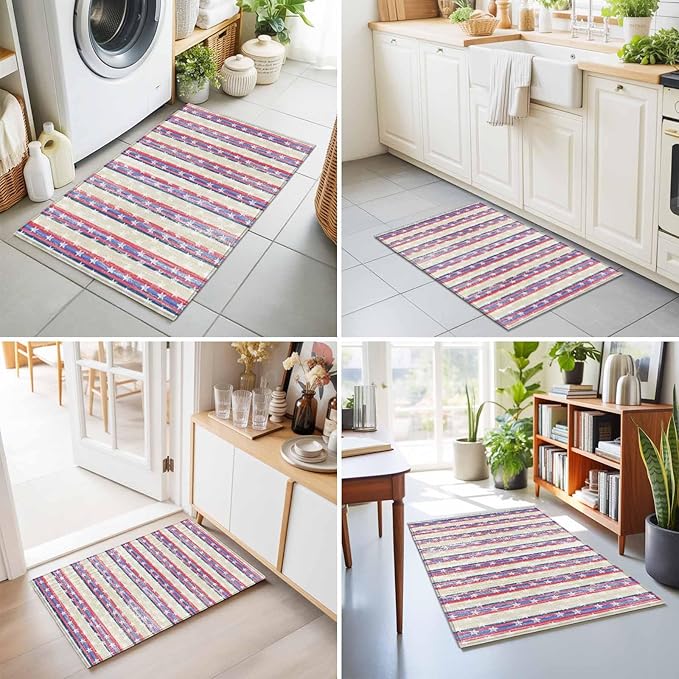 Area Rug 2x3ft, American Star Stripe Washable Rugs for Living Room Bedroom, Retro Independence Day Theme Soft Non-Slip Area Rugs Rectangle Floor Carpet for Dining Room