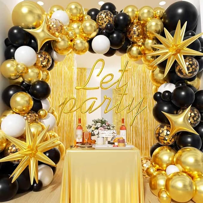 Black and Gold White Balloons Garland Arch Kit - Different Size Balloons Gold Fringe Curtain Backdrop for Graduation Birthday Anniversary New Years Theme Party Decorations