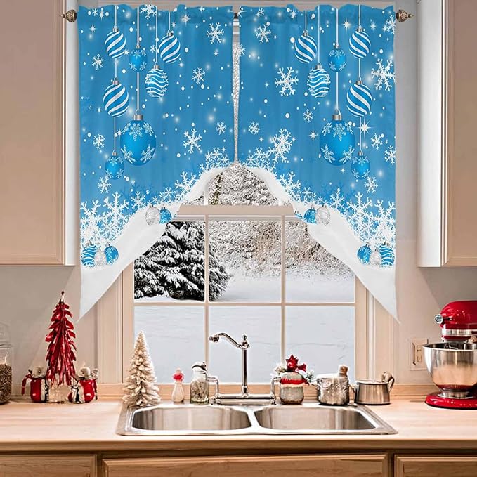 Prime Leader Blue Christmas Balls Swag Valance Curains Xmas Snowflake Christmas Rod Pocket Kitchen Curtains Scalloped Window Treatment Valances Swag for Living Room Bedroom, 1 Pair, 36" W x 45" L