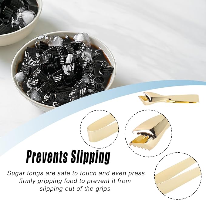 Ice Tongs Food Grade Thicken Stainless Steel Bar Tongs Ice Cube Prevents Slipping Sugar Food Tweezers for Home Kitchen Mirror Party Coffee Bar (Gold Plated)