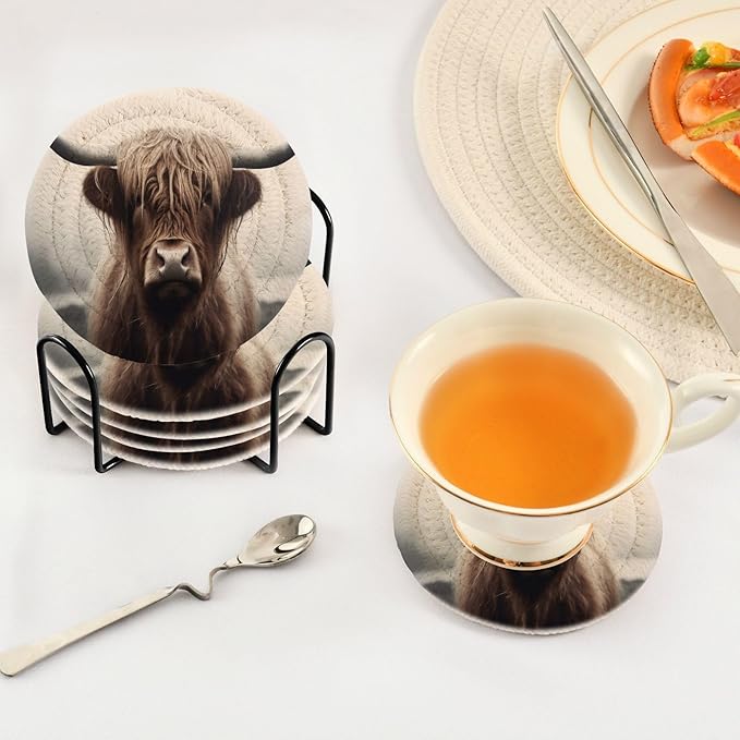 YETTASBIN Highland Cow 6 Pcs Drink Coasters with Holder, Cotton Woven Absorbent Heat-Resistant Round Coaster Non-Slip Table Mat for Kitchen Bar Home Decor Housewarming Gift, 3.9 in