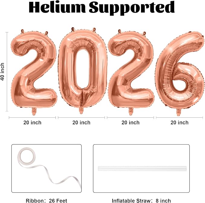 40 Inch 2026 Balloons Rose Gold Foil Number Balloons for 2026 New Year Festival Celebration or Birthday Party Supplies Decorations,New Years Balloon 2026, New Years Eve Balloon
