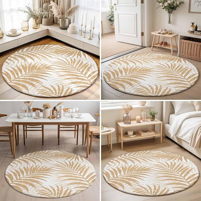 Washable Round Area Rug Summer Boho Palms Leaves Circle Rugs Floor Carpet for Living Room Bedroom, Vintage Tropical Plants Soft Non Slip Round Rug 5ft