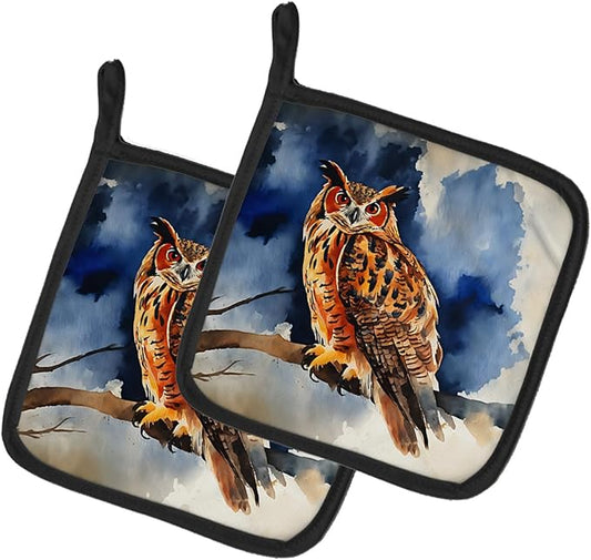 Caroline's Treasures Eurasian Eagle Owl Pair of Pot Holders Kitchen Heat Resistant Pot Holders Sets Oven Hot Pads for Cooking Baking BBQ, 7 1/2 x 7 1/2