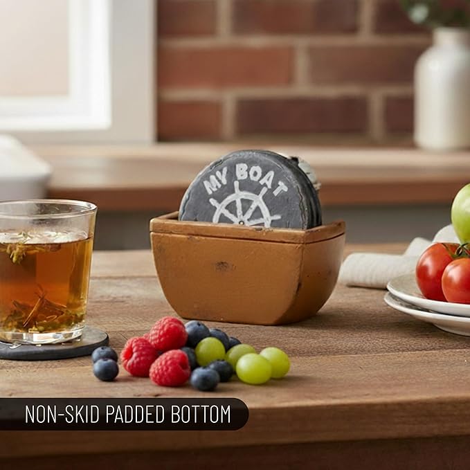Pine Ridge Drink Coaster Set of 5 - Outboard Boat Motor Design My Boat My Rules, Five O'clock - Coffee Coasters with Holder and Rubber Pads