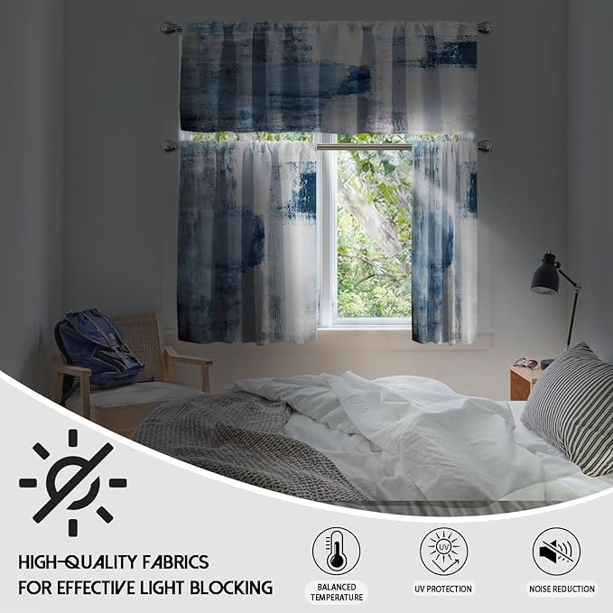 MCALK Blue Blackout Kitchen Curtains Tiers and Valances for Windows, Modern Abstract Art for Living Room (36" Tiers Set)