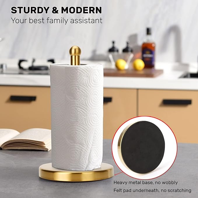 Paper Towel Holder Countertop, Brushed Gold Paper Towel Holder Stand Papertowel Holder with Stable Weighted Base, Free Standing Paper Towel Roll Holder for Kitchen Bathroom