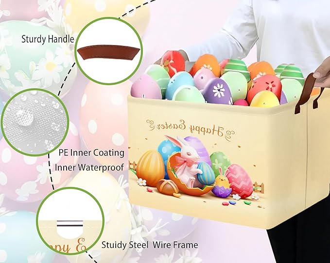 Large Rectangular Easter Baskets Empty Waterproof Boy Toy Box Foldable Kid's Gifts Storage Bin Spring Room Decor(Shell Breaking Rabbit Chicken)