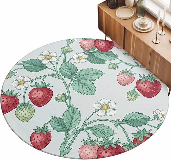 Washable Round Area Rug Strawberries White Flowers Circle Rugs Floor Carpet for Living Room Bedroom, Rustic Garden Botanical Soft Non Slip Round Rug 5ft