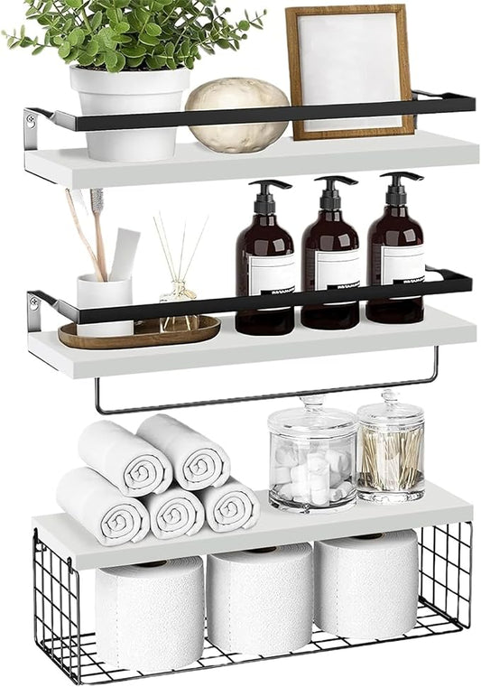 Upgrade Towel Racks for Bathroom Wall Mounted, 3 Pack Floating Shelves with Storage Basket, Bathroom Organizes, Wall Mounted Rustic Wood Shelves for Bedroom, Living Room, Kitchen (White)