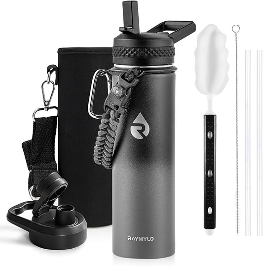 RAYMYLO Insulated Water Bottle 20 oz, Triple Wall Vacuum Stainless Steel (Cold for 24Hrs, Hot for 12Hrs), Leak Proof & Non-BPA, Kids Water Bottle Jug for School with Straw Spout Lids