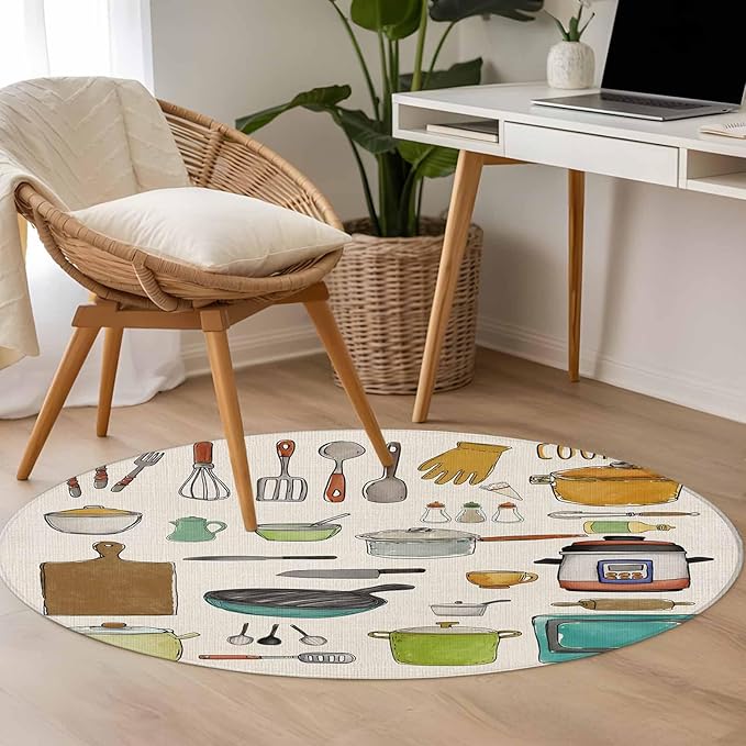 Cooking Kitchenware Kitchen Tool Pattern Round Rugs 3ft for Living Room Washable Circle Rug Non-Slip Carpet Soft Mat for Bedroom Dining Room Bathroom Home Holiday Decorations Indoor